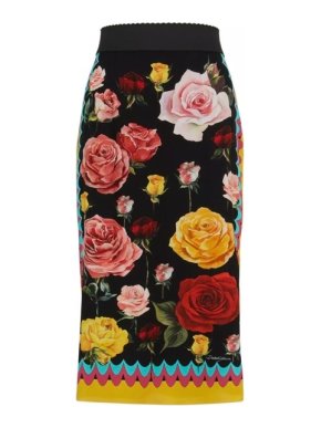 Dolce & Gabbana Rose Print Fitted Midi Skirt