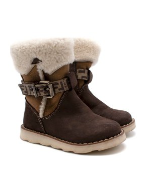 Fendi Kids Brown Suede Shearling Trimmed Biker Boots