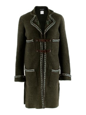 Chanel khaki longline cashmere embroidered buckle detail cardigan