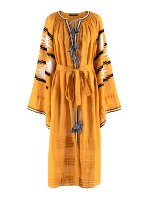 Vita Kin Golden Orange Linen Embroidered Belted Midi Dress