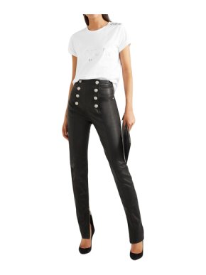 Balmain Button-embellished Leather Skinny Pants In Black