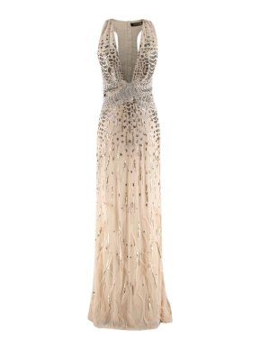 Roberto Cavalli Beige Silk Embellished Feathered Gown