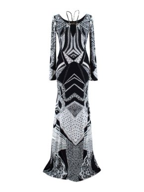 Roberto Cavalli Monochrome Printed Embellished Gown