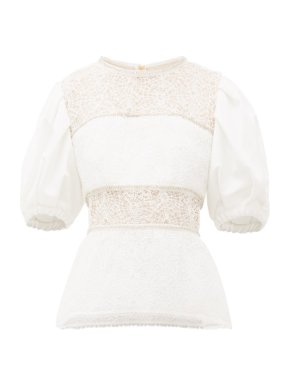 Self Portrait White Crystal & beaded puff-sleeve peplum-hem