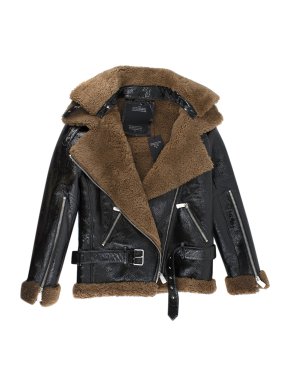 Rokh Black Leather Double Collar Belted Shearling Jacket