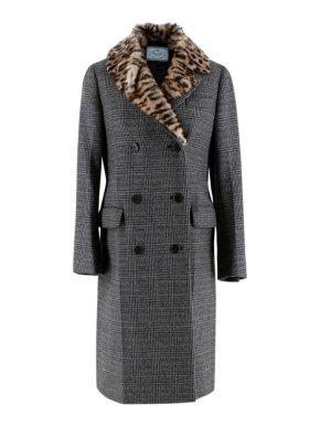 Prada Houndstooth Fur Collared Double Breasted Coat