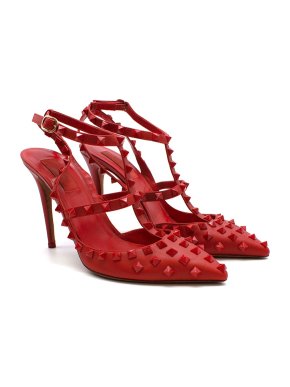 Valentino Rockstud Red Leather Slingback Sandals