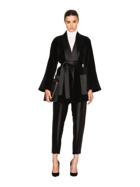 Rosetta Getty Black Velvet Satin Detail Shawl Jacket