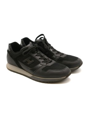 Hogan Black Leather Techno Fabric Lace Up Sneakers