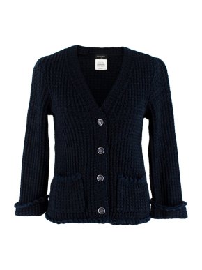 Chanel Blue Tweed Ruffled Button Down Cardigan
