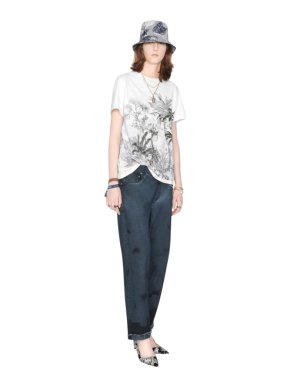 Dior White Cotton & Linen T-Shirt with Navy Blue Toile de Jouy Tropica