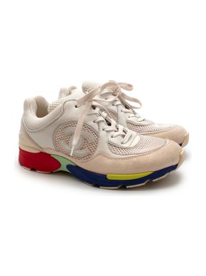 Chanel White Leather & Mesh Multi Coloured Sole CC Sneakers