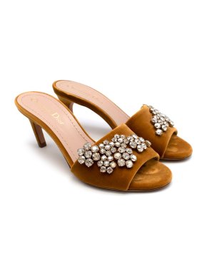 Dior Gold Velvet Crystal Embellished Kitten Heel Mules