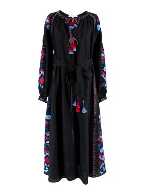 March 11 Black Linen Embroidered Tie-Waist Maxi Dress