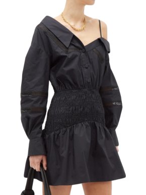 Self Portrait Black One Shoulder Cotton Poplin Mini Dress