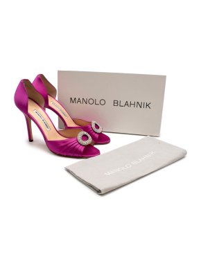 Manolo Blahnik Pink Peep-toe Satin Crystal Embellished Pumps