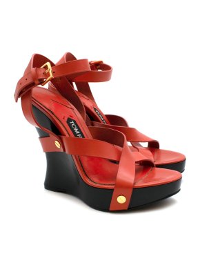 Tom Ford Red Leather Sculptural Platform Wedge Sandals