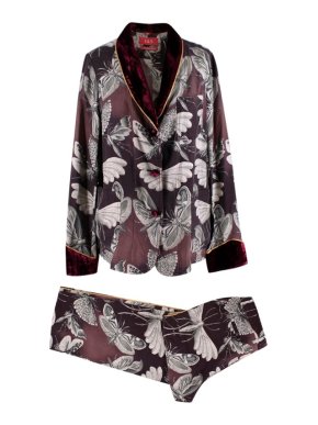 For Restless Sleepers Burgundy Insect Print Silk Suit