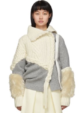 Sacai Braided Cable Knit Faux-fur-cuff Jacket In 159 Owh Gre