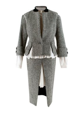 Sacai Grey Wool Chevron Tweed Layered Jacket & Skirt