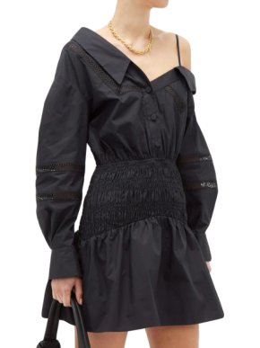 Self Portrait Black One Shoulder Cotton Poplin Mini Dress