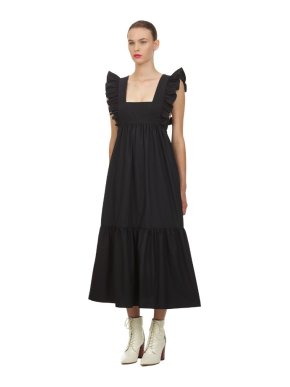 Self Portrait Black Cotton Poplin Midi Dress