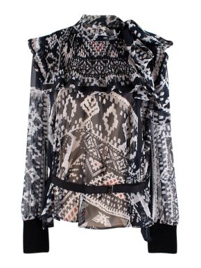 Sacai Navy Printed Pussybow Belted Chiffon Blouse