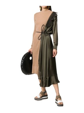 Sacai Paneled Asymmetric Cotton, Satin And Tulle Midi Dress In Green