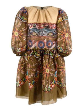 Dolce & Gabbana Green Silk Printed Paisley Puff Sleeve Mini Dress