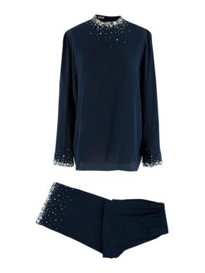 Miu Miu Navy Crepe Silk Embellished Blouse and Trousers