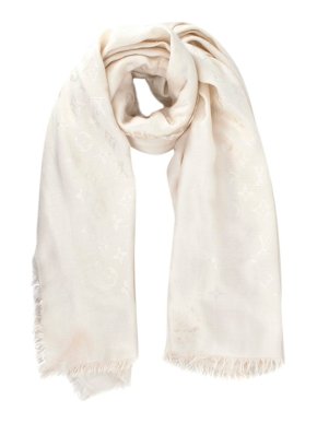 Louis Vuitton Silk & Wool Monogram Cream Scarf