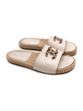 Chanel Cream Leather Jeweled CC Espadrille Sandals