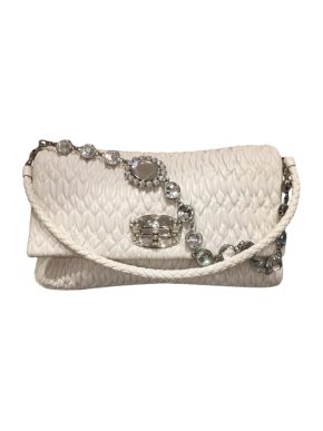 Miu Miu White Matelasse Shoulder Bag with Crystal Shoulder Strap