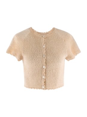 Alaia Beige Short Sleeve Textured Scalloped Crop Cardigan