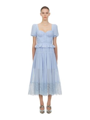 Self Portrait Blue Short Sleeve Chiffon Midi Dress