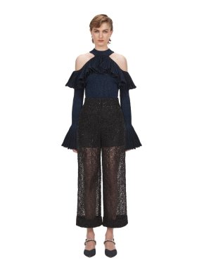 Self Portrait Indigo Lurex Cold Shoulder Frill Knit Top