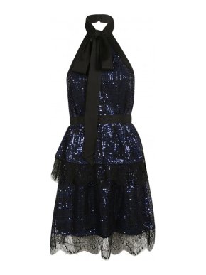 Self Portrait Blue Tiered Check Sequin Mini Dress