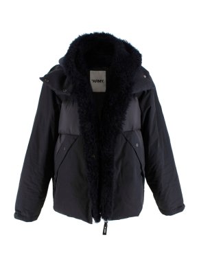 Yves Salomon Lambs Fur lined Hooded Black Puffer Jacket