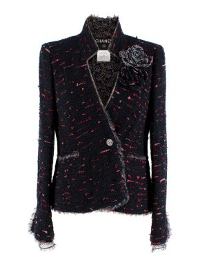 Chanel Navy & Red Camellia Lined Tweed Embellished Jacket