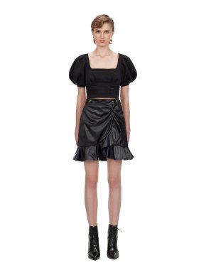 Self Portrait Black Faux Leather Flounced Mini Skirt