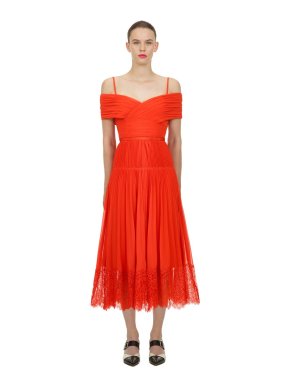 Self Portrait Orange Off Shoulder Midi Dress