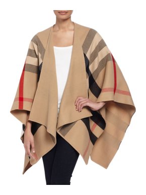 Burberry Charlotte Check-To-Solid Wool Cape in Camel