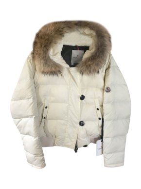 Moncler Cream Down Puffer Jacket with Raccoon Fur Trim