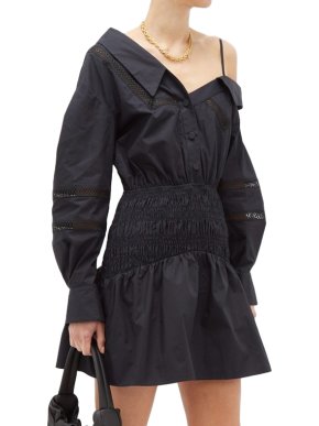 Self Portrait Black One Shoulder Cotton Poplin Mini Dress