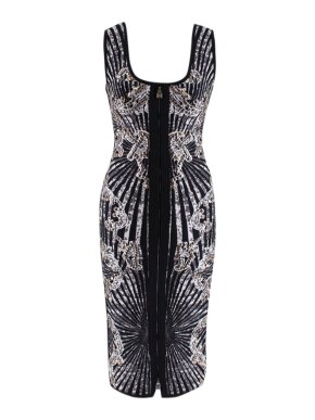 Herve Leger Black Studded Patterned Zip-Front Dress