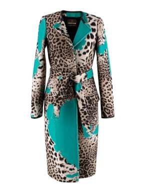 Roberto Cavalli Wool Blend Leopard Teal Longline Coat