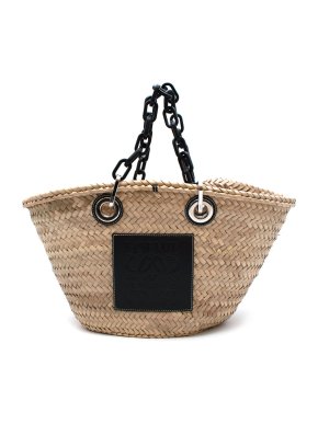 Loewe Logo Natural Straw Basket Bag with Black Chain Handle