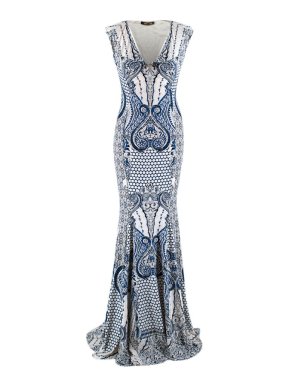 Roberto Cavalli Blue & White Patterned Gown