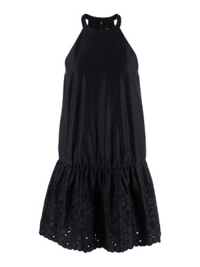 Thakoon Black Cotton Satin Dress with Embroidered Skirt