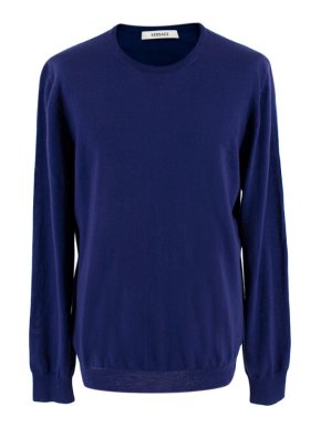 Versace Electric Blue Wool Thin Knit Round-Neck Jumper